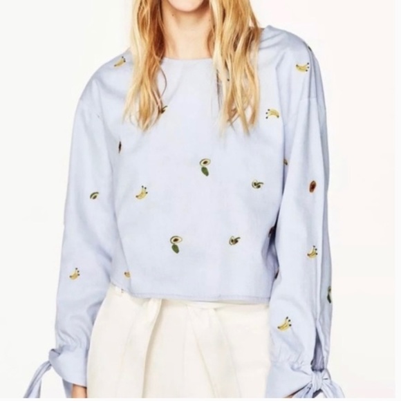 Zara Chambray Light Blue Open Back Embroidered Fruit Shirt Women’s Size Small - Picture 4 of 10